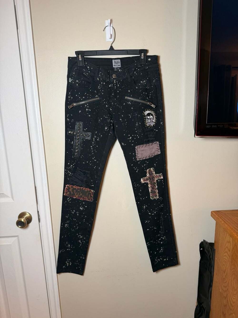Tripp NYC Goth Pants Size 28/7 Black Splatter Patches Studded hot topic